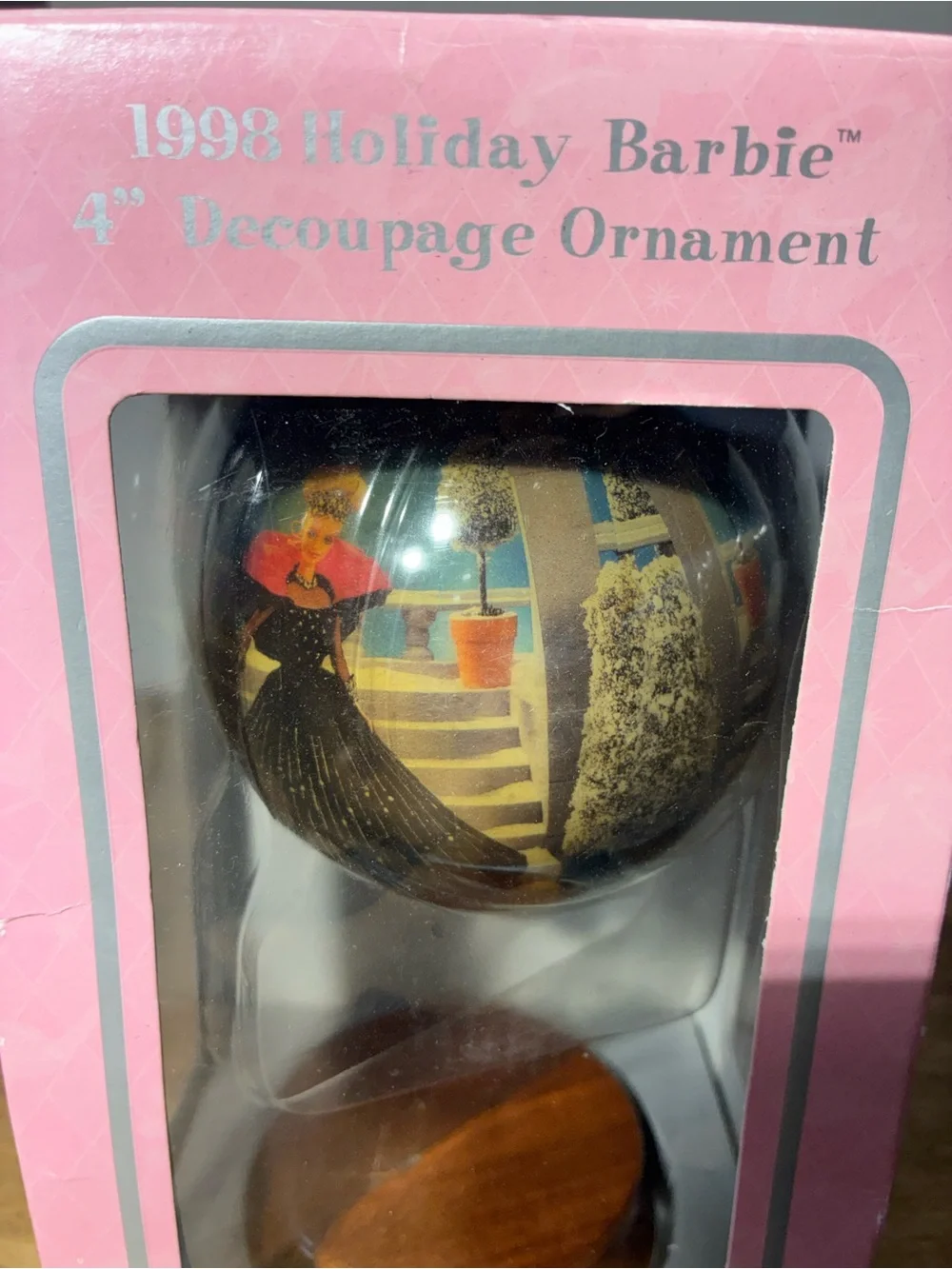 Barbie 1998 Holiday Barbie 4in Decoupage Christmas Ornament w/ Wooden Stand